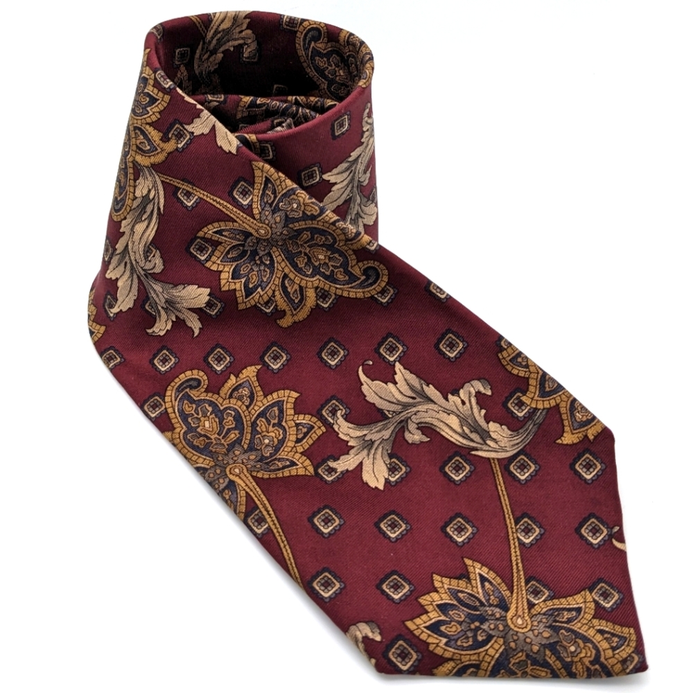bill blass Burgundy Floral and Gold Paisley Silk Tie